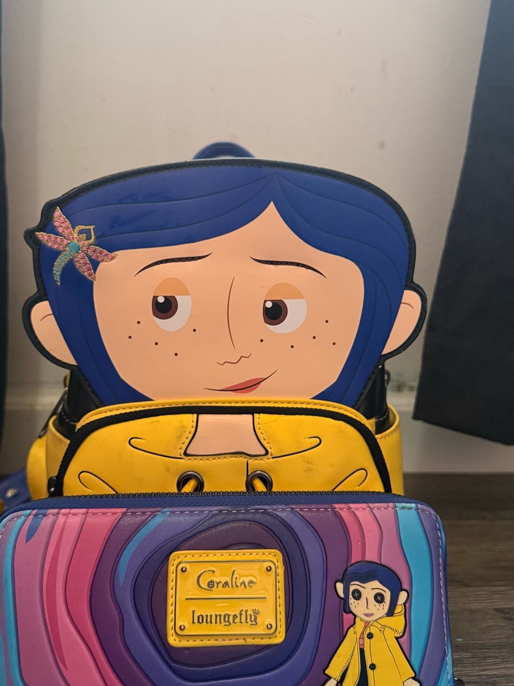 Loungefly Coraline Mini Backpack - Blue Hair, Yellow Jacket, Pink Swirl